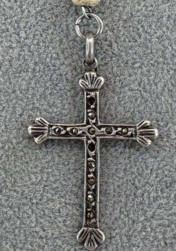Handmade Rosary with Black & White Lava Stone, Antique Silver Cross & Marian Medal - Image 10