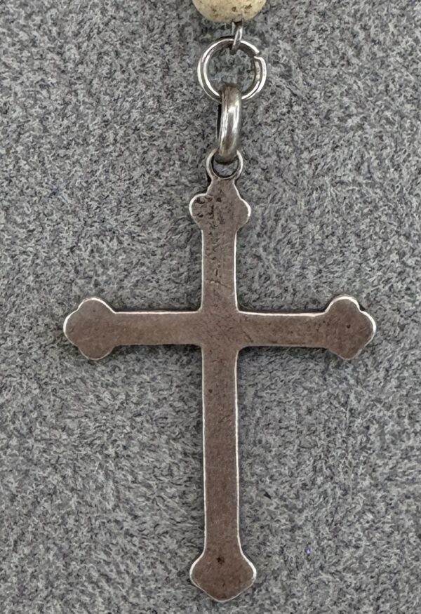 Handmade Rosary with Black & White Lava Stone, Antique Silver Cross & Marian Medal - Image 9