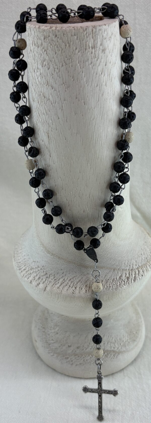 Handmade Rosary with Black & White Lava Stone, Antique Silver Cross & Marian Medal - Image 8