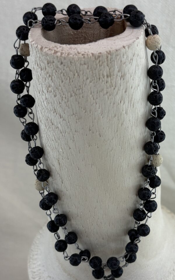 Handmade Rosary with Black & White Lava Stone, Antique Silver Cross & Marian Medal - Image 6