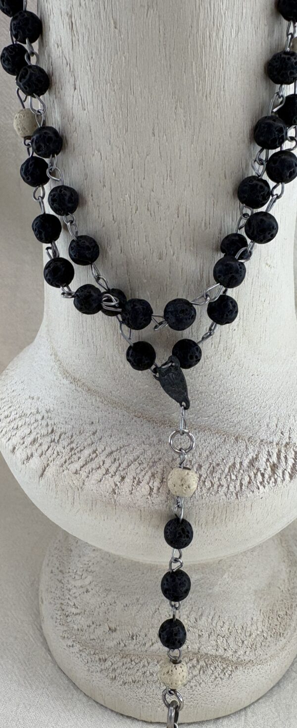 Handmade Rosary with Black & White Lava Stone, Antique Silver Cross & Marian Medal - Image 5