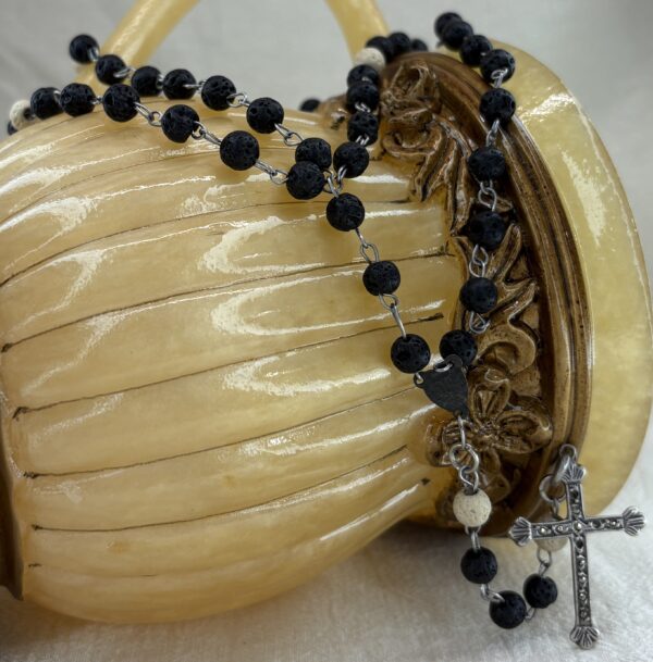 Handmade Rosary with Black & White Lava Stone, Antique Silver Cross & Marian Medal - Image 3