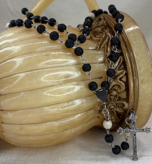 Handmade Rosary with Black & White Lava Stone, Antique Silver Cross & Marian Medal - Image 2