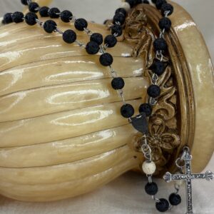 Handmade Rosary with Black & White Lava Stone, Antique Silver Cross & Marian Medal