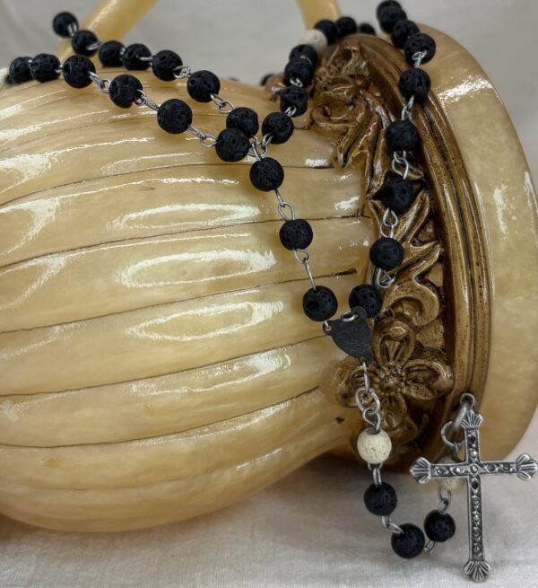 Handmade Rosary with Black & White Lava Stone, Antique Silver Cross & Marian Medal