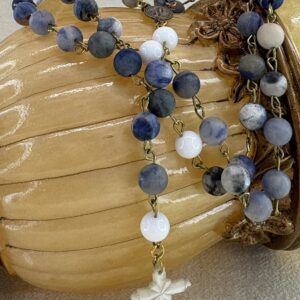 Handmade Rosary with Blue Sodalite, White Onyx, Antique Silver Medal & Mother of Pearl Cross
