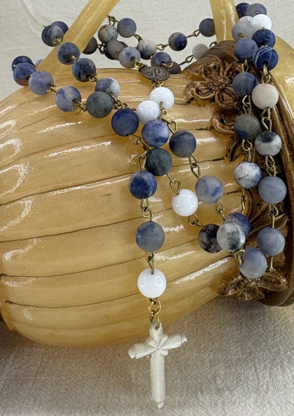 Handmade Rosary with Blue Sodalite, White Onyx, Antique Silver Medal & Mother of Pearl Cross