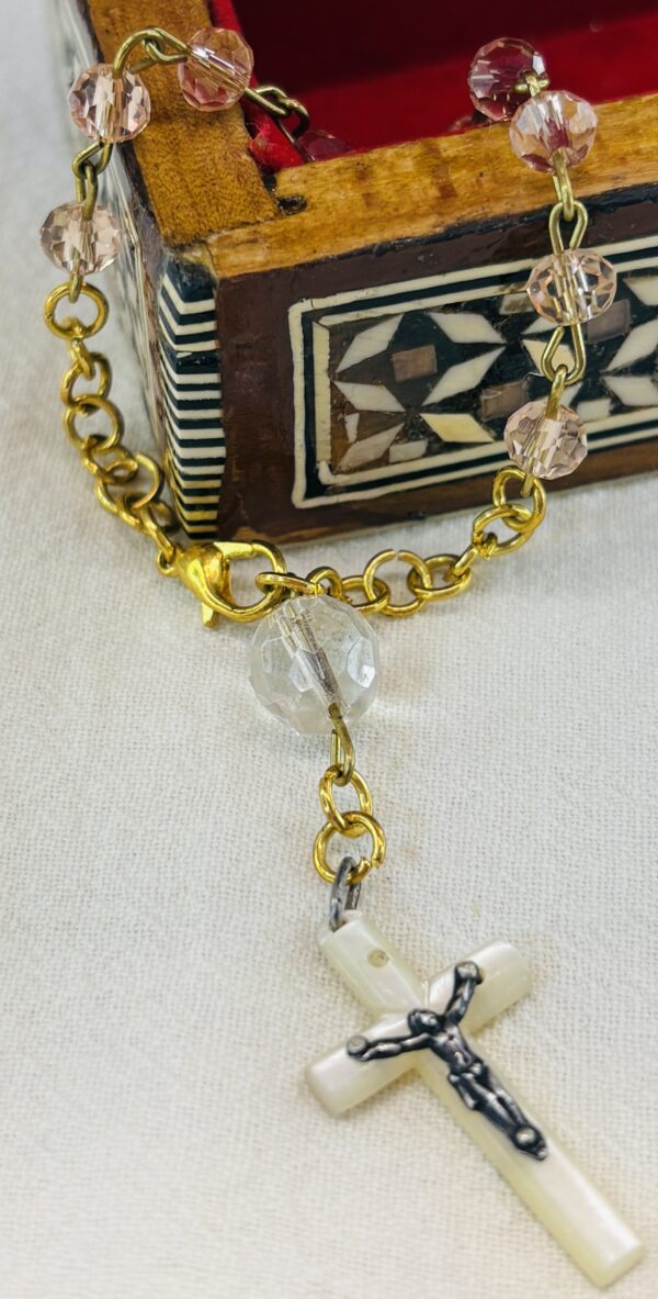 Handmade Rosary Bracelet with Pink Czech Crystals & Mother-of-Pearl Cross - Image 5