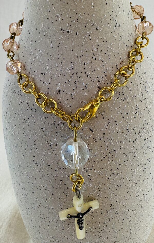 Handmade Rosary Bracelet with Pink Czech Crystals & Mother-of-Pearl Cross - Image 4