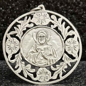 Amazing antique Sacred Heart of Jesus artisanal flowers design silver 900, 47 mm