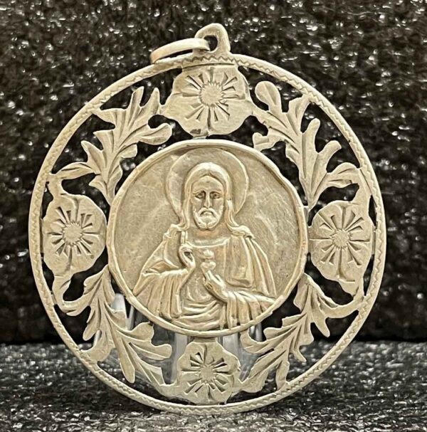 Amazing antique Sacred Heart of Jesus artisanal flowers design silver 900, 47 mm - Image 5