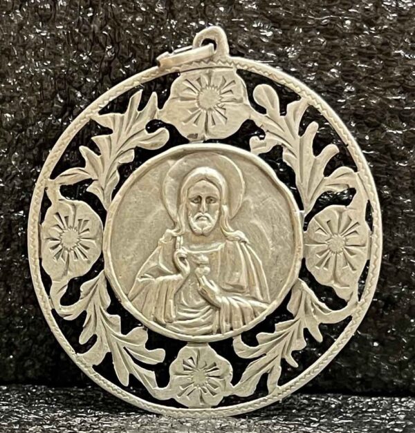 Amazing antique Sacred Heart of Jesus artisanal flowers design silver 900, 47 mm - Image 4