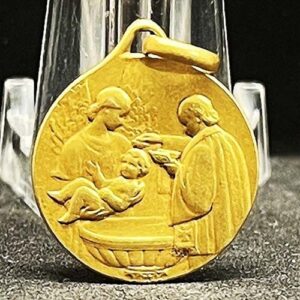 By Tairac France 1921 Baptism medal Angel Baby Holy Font Cherubs Bells Gold FIX
