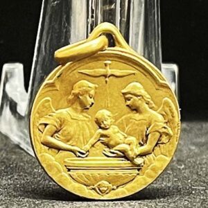 France 1931 Baptism medal Angels Baby Holy Spirit Cherubs Bells design Gold FIX