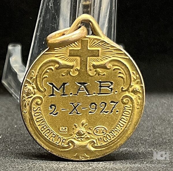 by Tairac France 1927 Communion Eucharistic Scene Art Nouveau, gold fix medal - Image 3