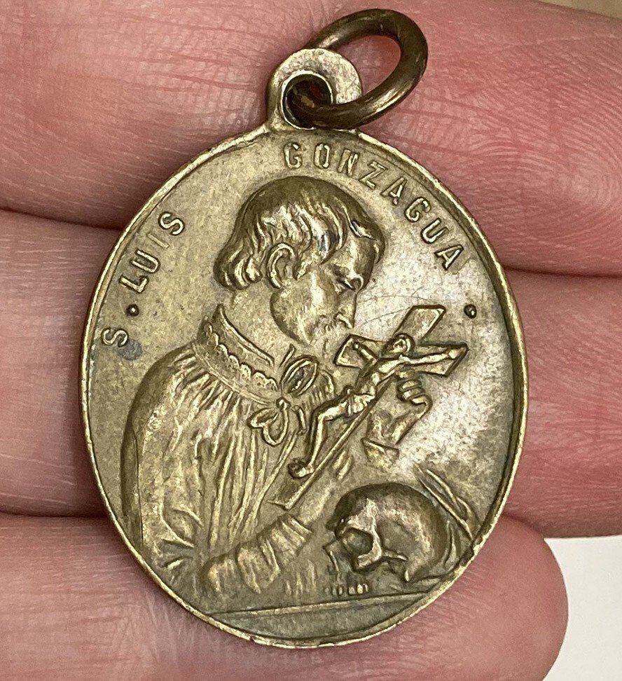 SPAIN 1880´ OLD SAINT ALOYSIUS GONZAGA & GUARDIAN ANGEL LOVELY CATHOLIC MEDAL