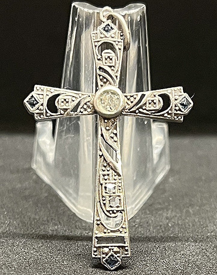 France old Amazing delicate Silver cross Art Deco with marcasite stones gorgeous