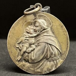 Antique Silver Saint Anthony of Padua Medal – High Relief Catholic Pendant 35mm