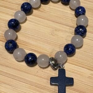 Pulsera Espiritual de Lapislázuli y Cuarzo Rosa con Cruz de Lapislázuli